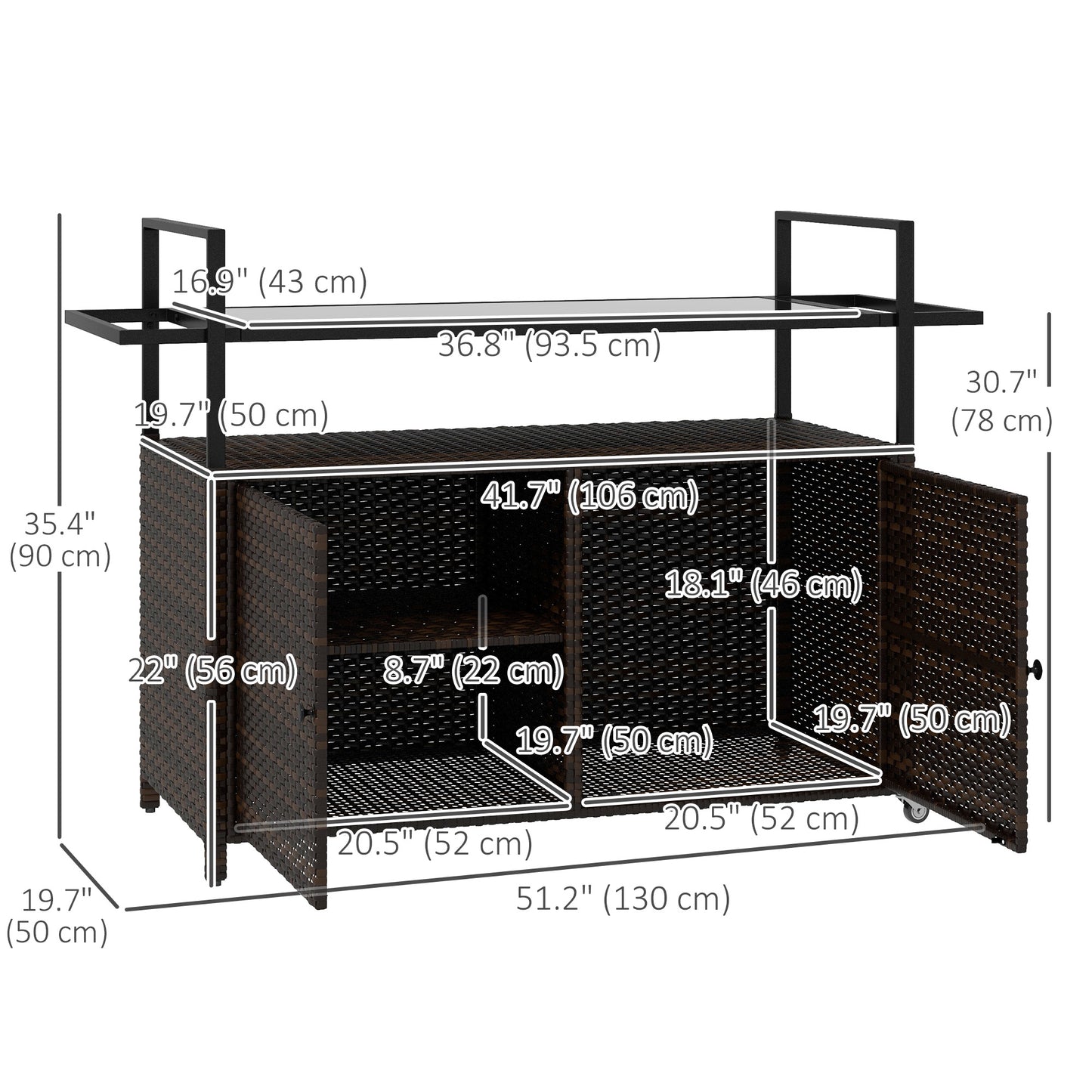 2-Tier PE Rattan Outdoor Bar Cart, Glass Top Outdoor Kitchen Island with Cabinet, Mixed Brown