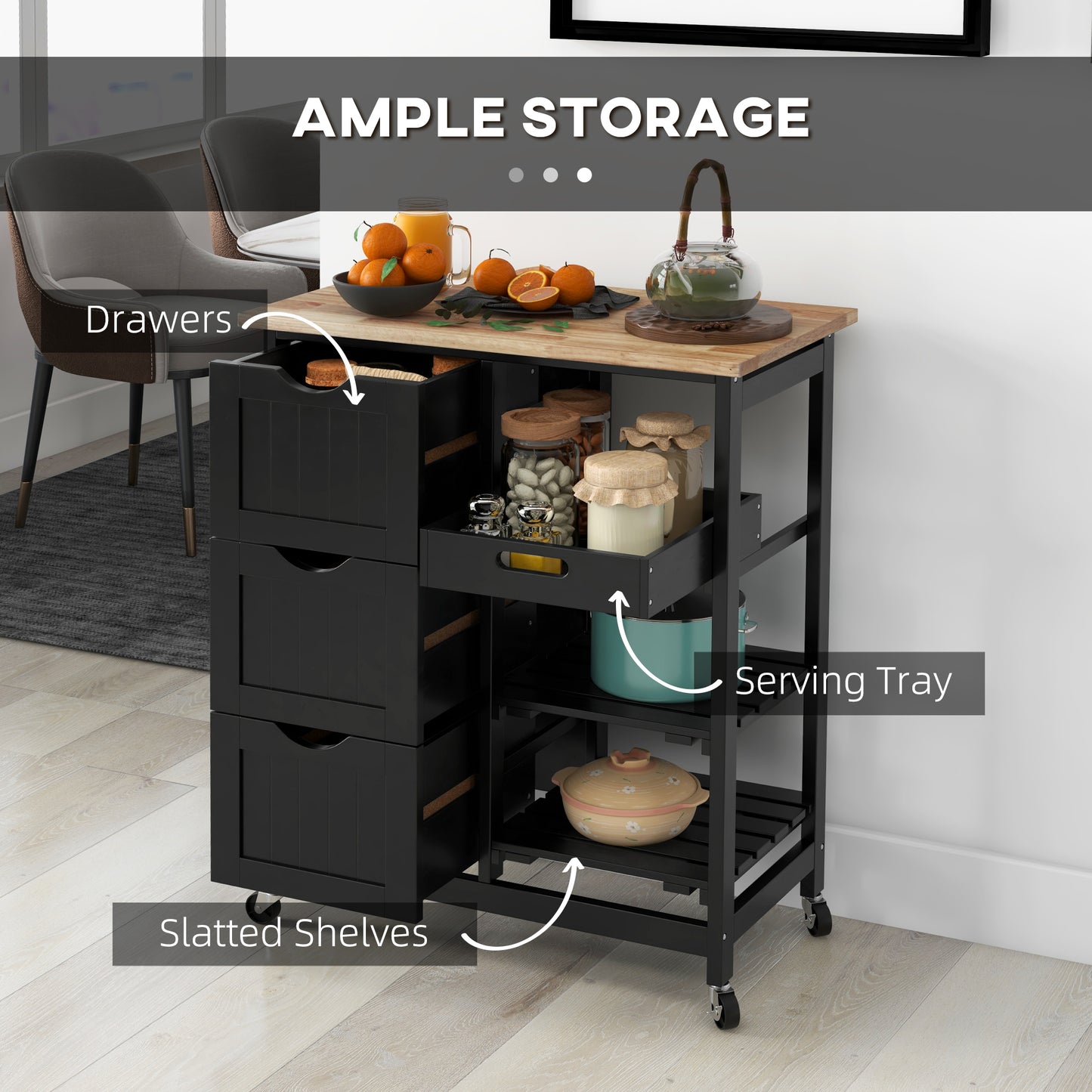 Kitchen Cart on Wheels, Rolling Kitchen Island Cart with Wood Top, 3 Drawers and Shelves for Home Dining Area, Black
