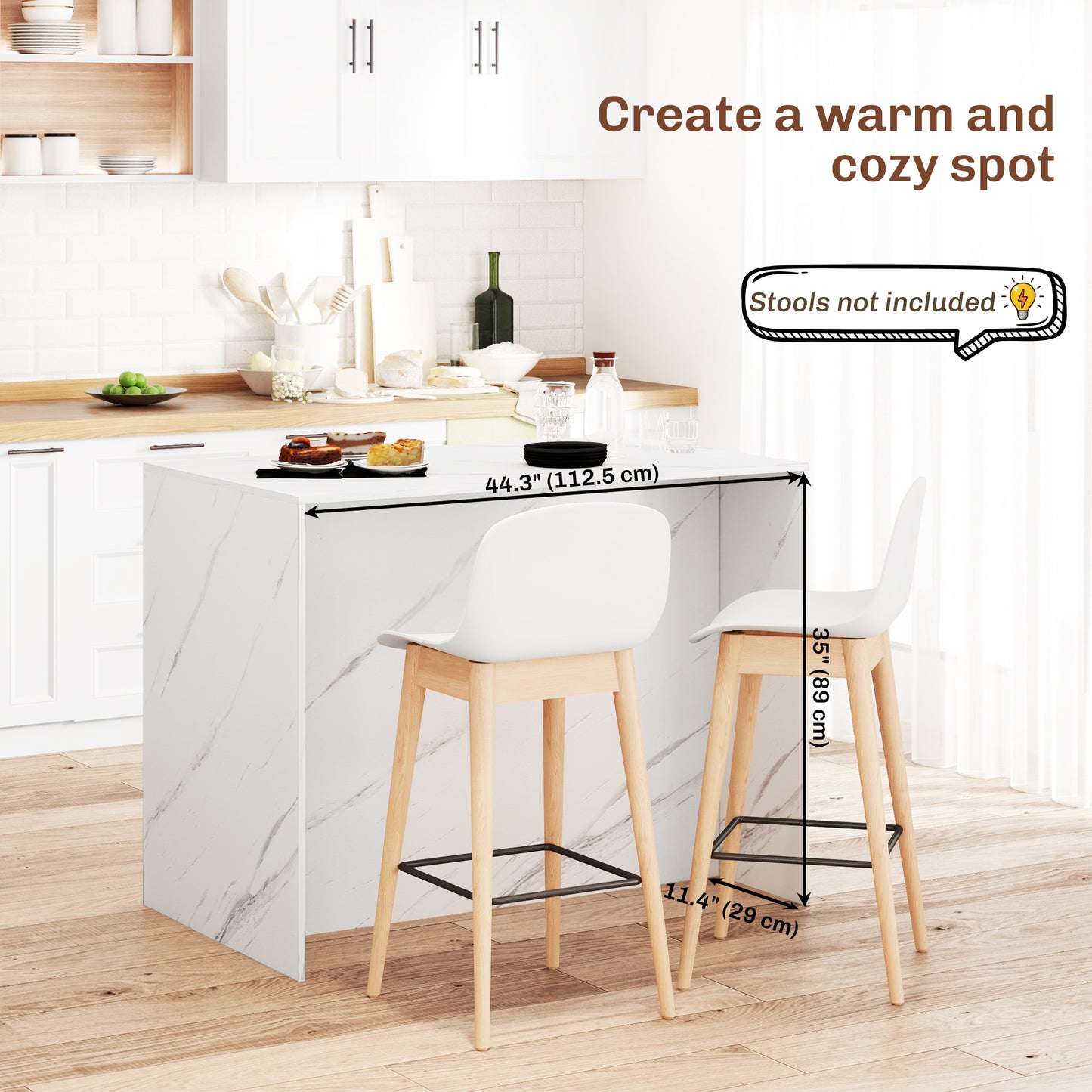 Kitchen Island with Storage Cabinet, 4 Drawers and Adjustable Shelf for Dining Room, Faux Marble Effect and White