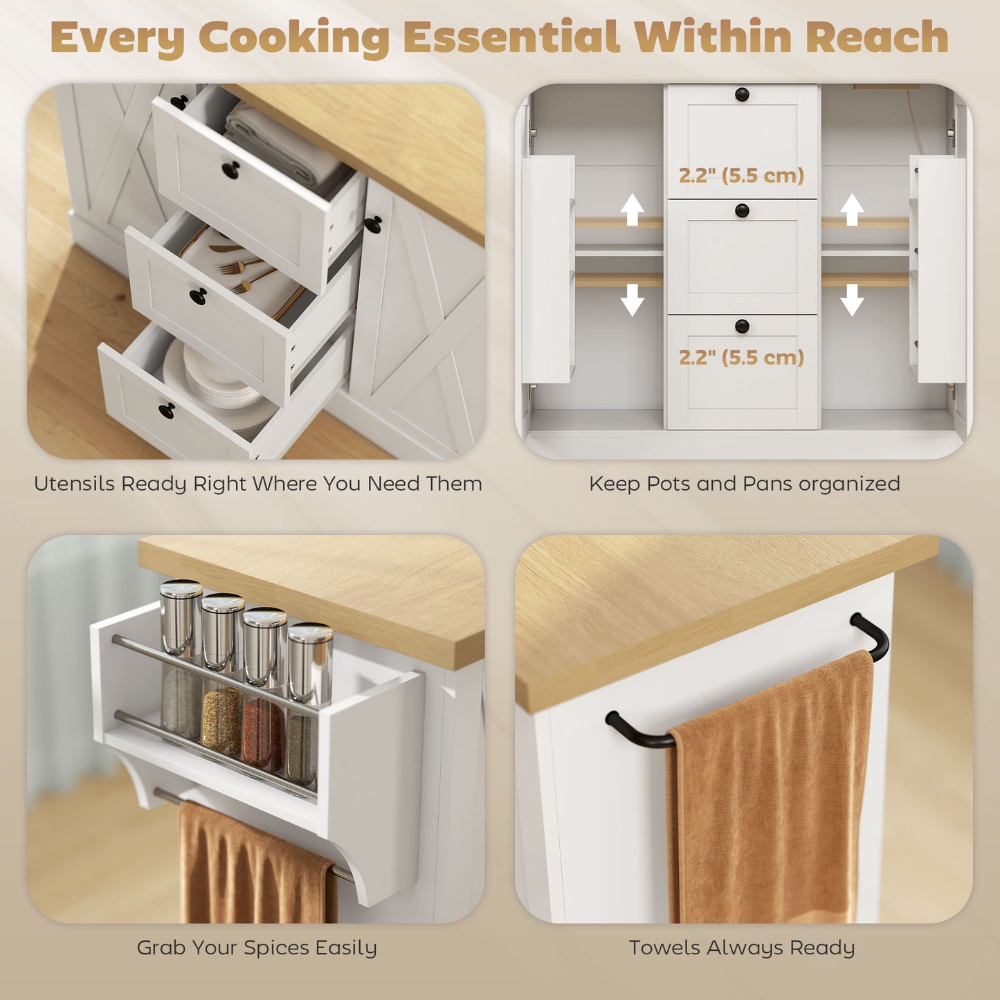 Farmhouse Kitchen Island Cart with Power Outlet and Soft-Close Doors, 49" Kitchen Island with 3 Drawers, White