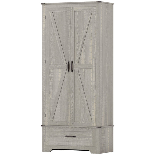 72" Farmhouse Pantry Cabinet with Adjustable Shelves, Kitchen Pantry Cabinet with 2 Doors, Distressed Light Grey