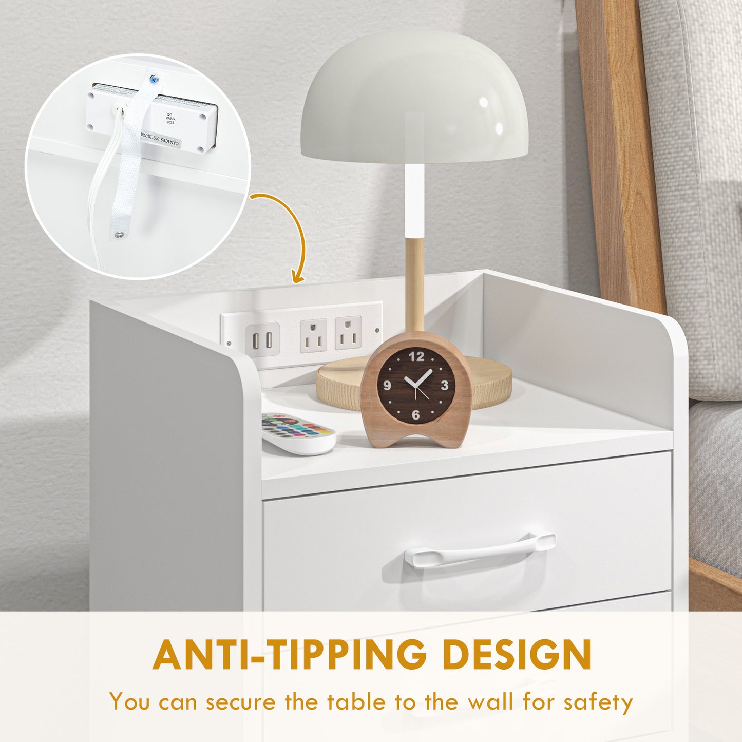 Tall Nightstand with Charging Station and LED Lights, Small Bedside Table with AC Outlets, USB Ports, 2 Drawers, Shelf