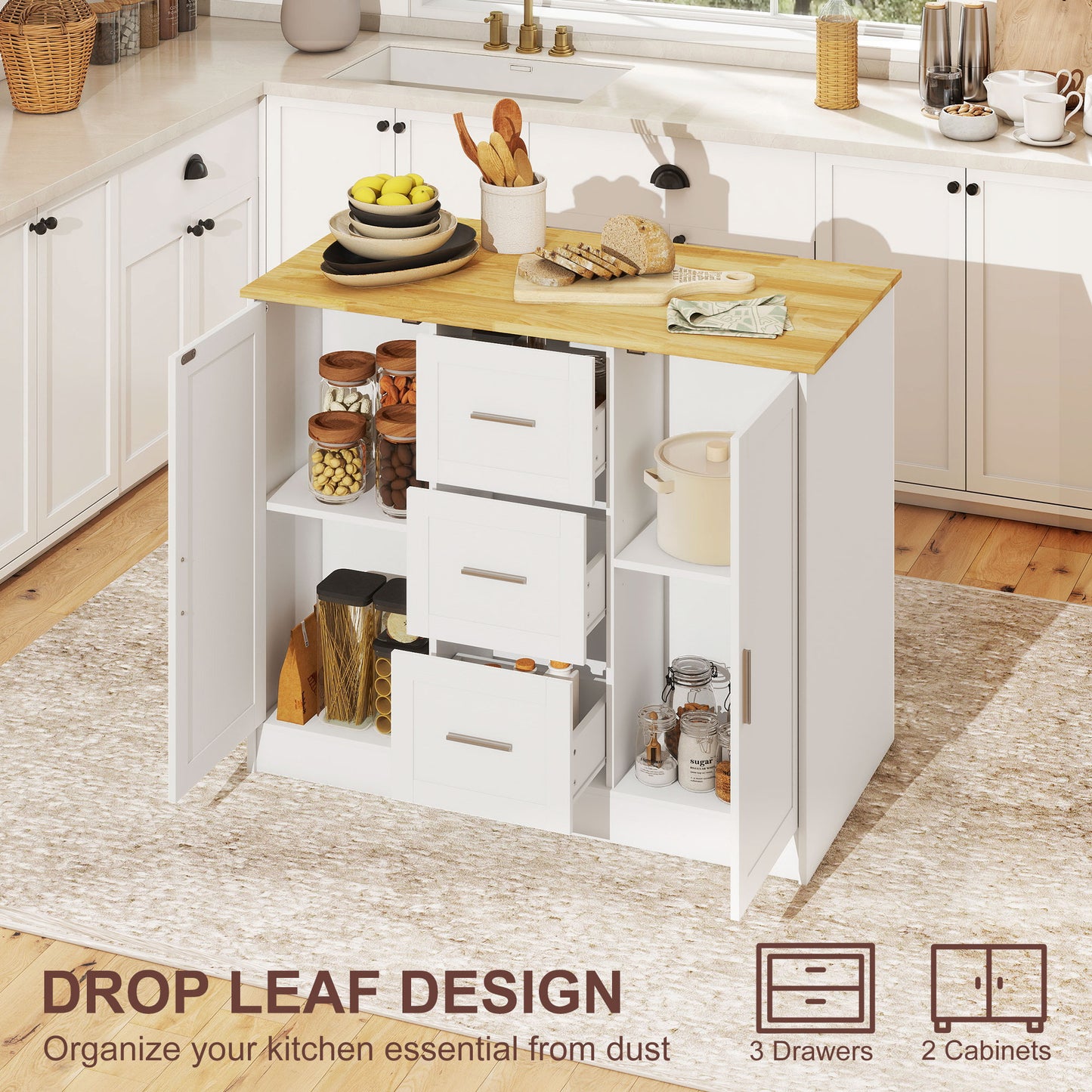 Kitchen Island with Storage Cabinets, Spacious Countertop 3 Drawers, 2 Adjustable Shelves and Sitting Space for Dining Room, White