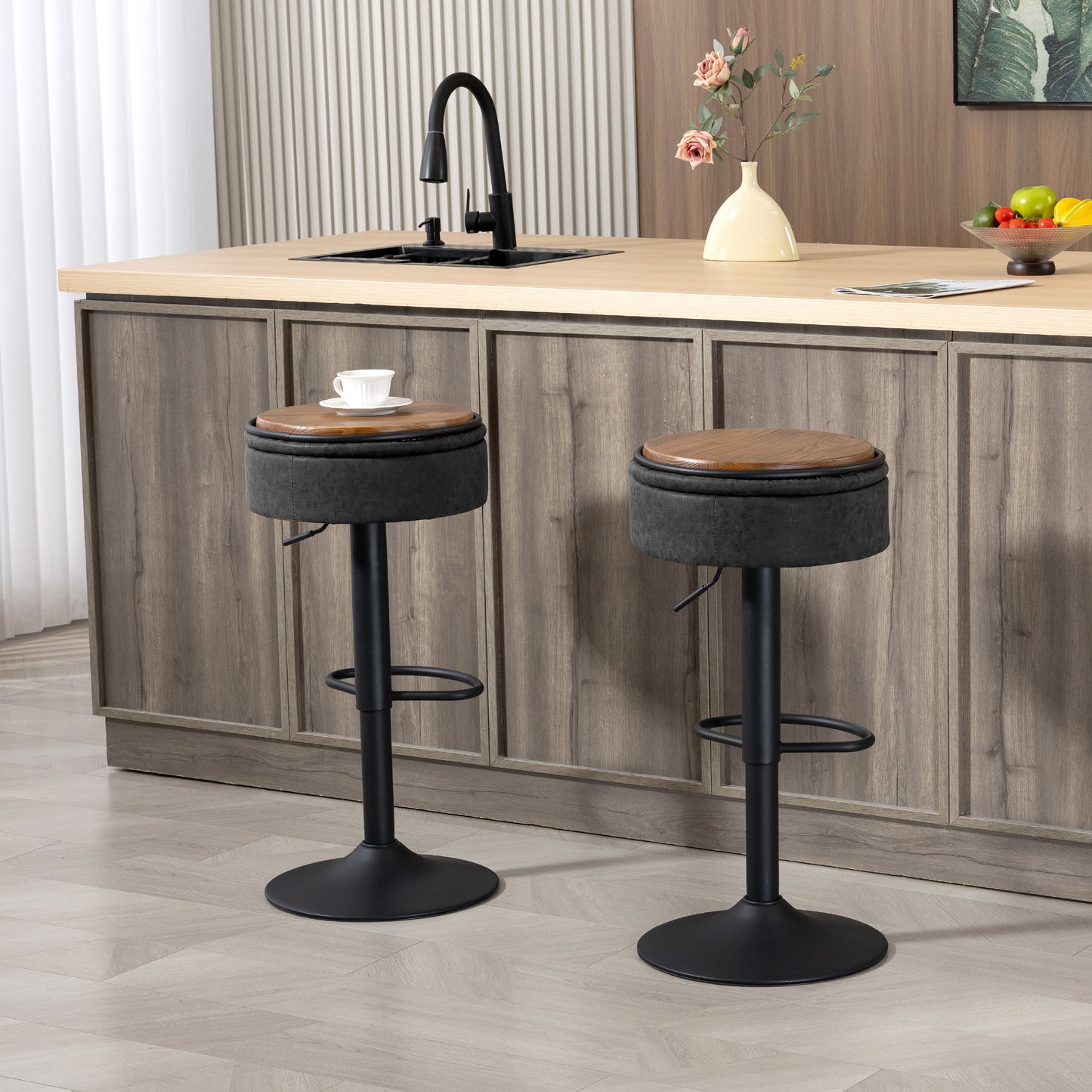 Set of 2 Barstools with Storage, Swivel Bar Stools with PU Leather Upholstered, Footrest, Steel Base, Black