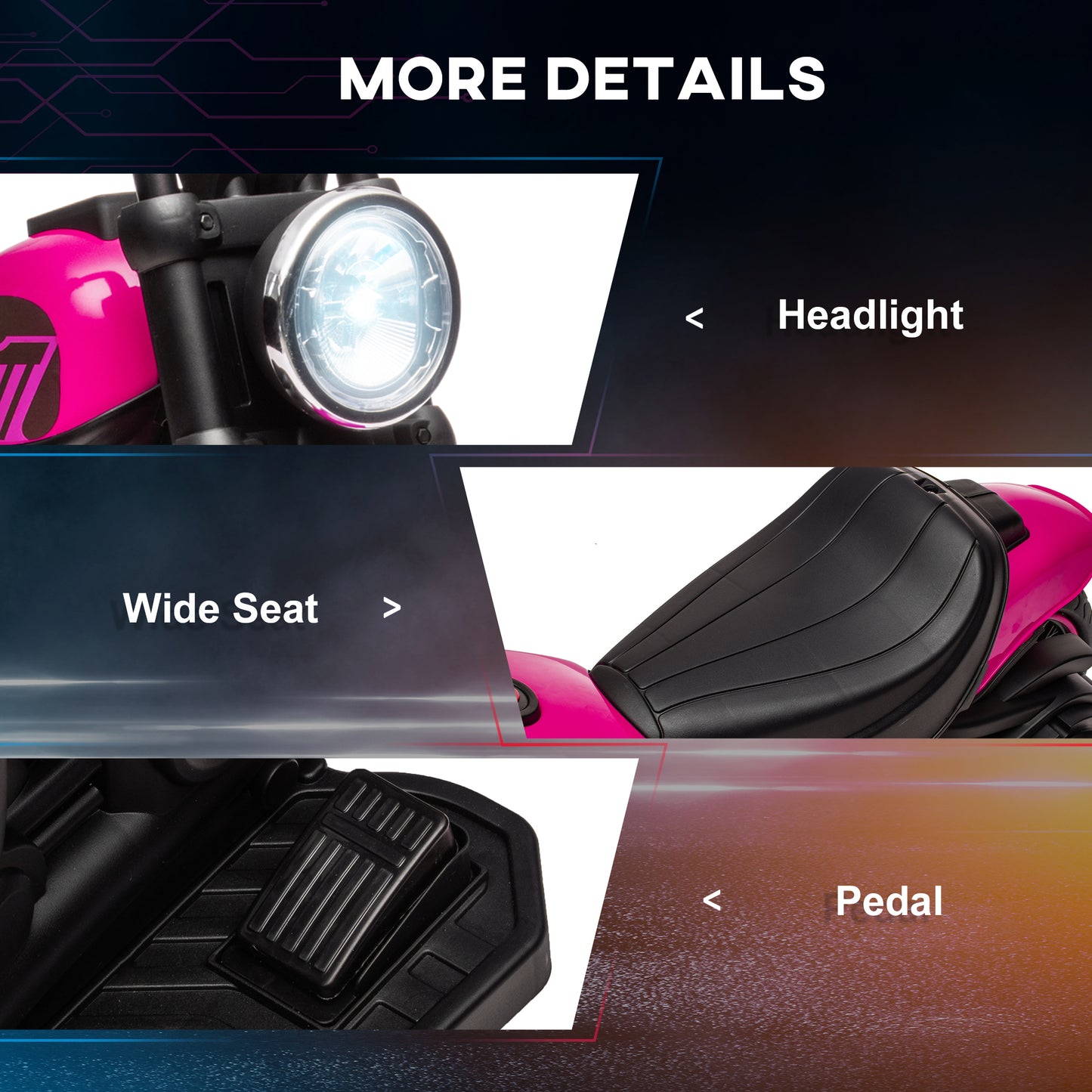 Aosom 6V Kids Motorcycle with Training Wheels, Foot Pedal, Headlight, Music, Forward/Reverse, Single-Button Start, Pink