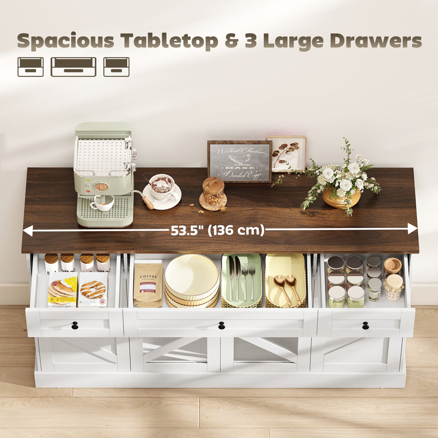 Sideboard Buffet Cabinet, 54" Farmhouse Kitchen Storage Cabinet with Acrylic Barn Doors and 3 Drawers, White Wood Grain