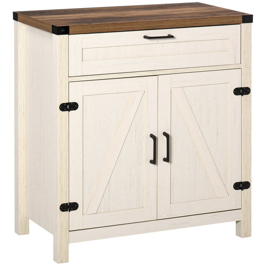 Farmhouse Kitchen Storage Cabinet, Sideboard Buffet Cabinet with 2 Rustic Barn Doors and Drawer, White