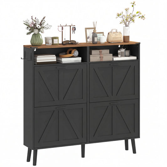 Shoe Storage Cabinet with 4 Flip Drawers, Farmhouse Narrow Shoe Cabinet, Holds Up to 24 Pairs, Black
