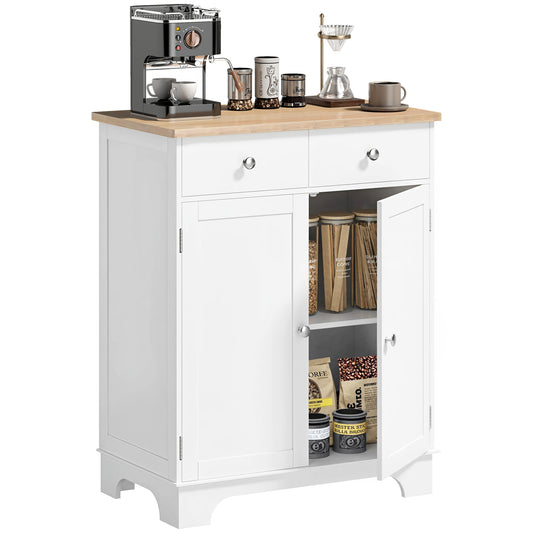Sideboard Buffet Cabinet with Storage, 27" Kitchen Cabinet with Adjustable Shelf, 2 Drawers and 2 Doors, Coffee Bar Cabinet with Rubberwood Tabletop, White