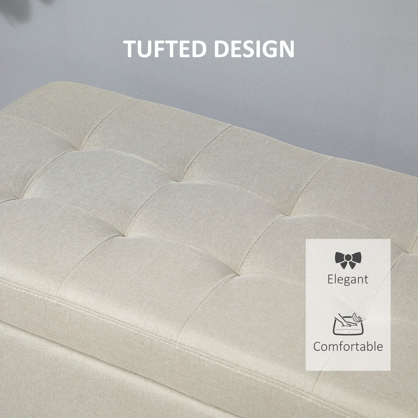 Rectangular Entry Bench, Tufted Upholstered Linen Fabric Wood Feet Storage Ottoman Bench, Beige