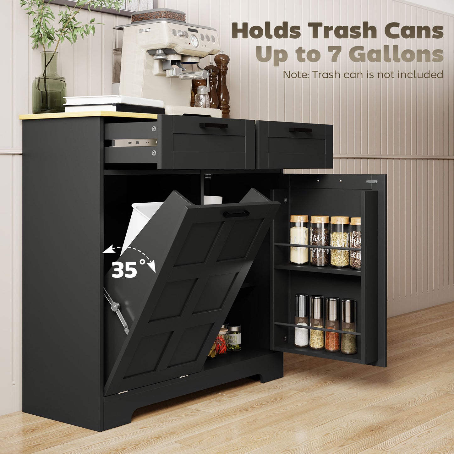 13 Gallon Tilt Out Garbage Cabinet, Kitchen Island with Trash Cabinet, 2 Drawers, Door Racks, Adjustable Shelves, Black