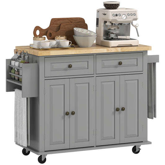 Kitchen Island with Storage, Rolling Trolley Cart with Rubber Wood Top, Spice Rack, Towel Rack, 2 Locking Brakes,Grey
