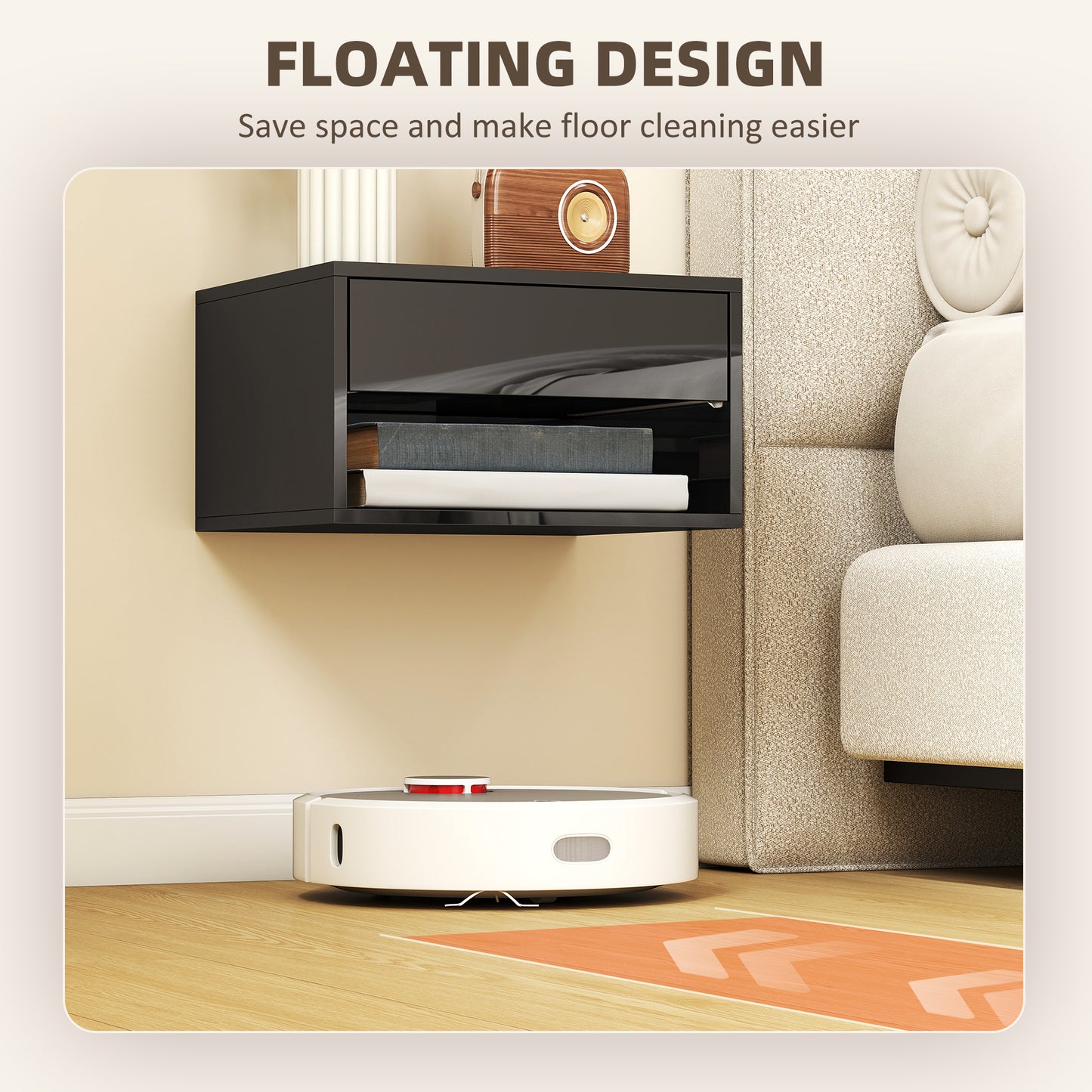 Floating Bedside Tables Set of 2, Wall-Mounted Nightstand, High Gloss Black