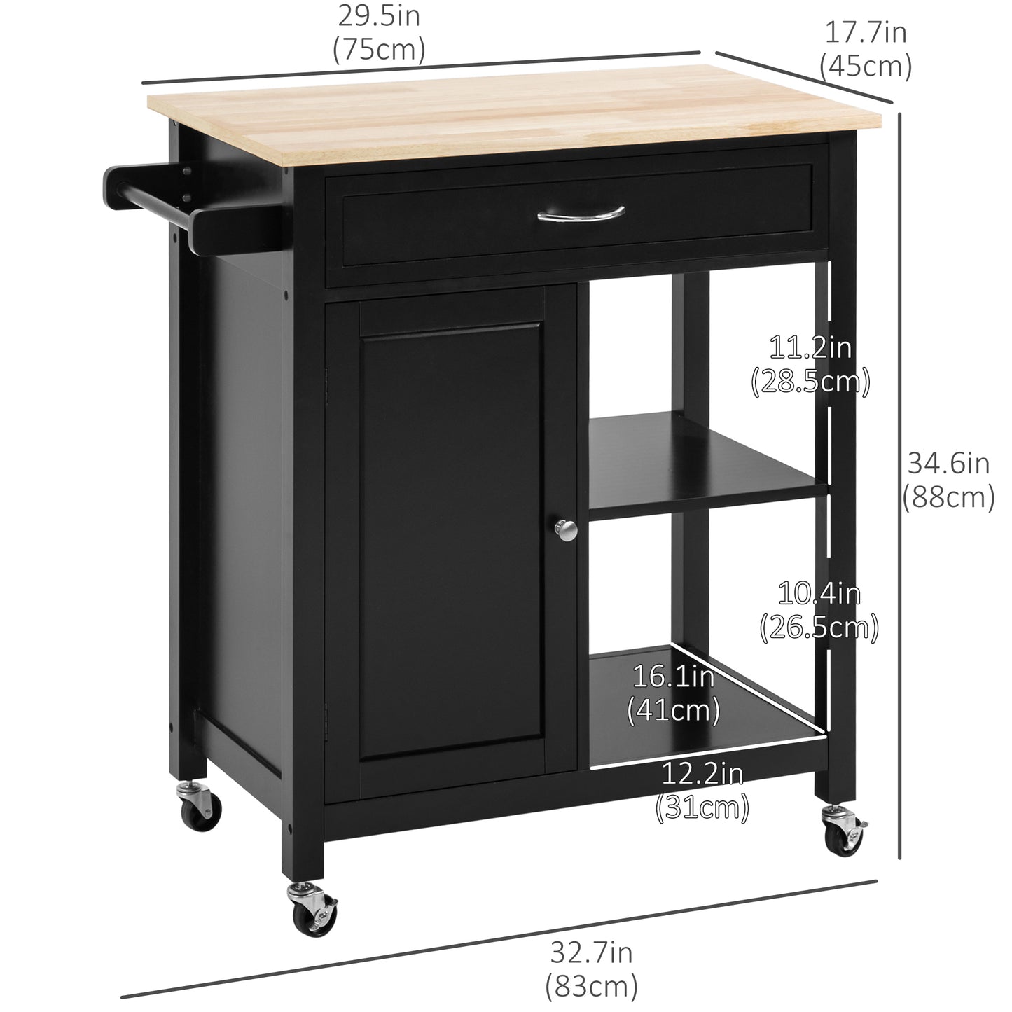 Rolling Kitchen Cart with Wood Top and Drawer, Kitchen Island on Wheels for Dining Room, Black | Aosom Canada
