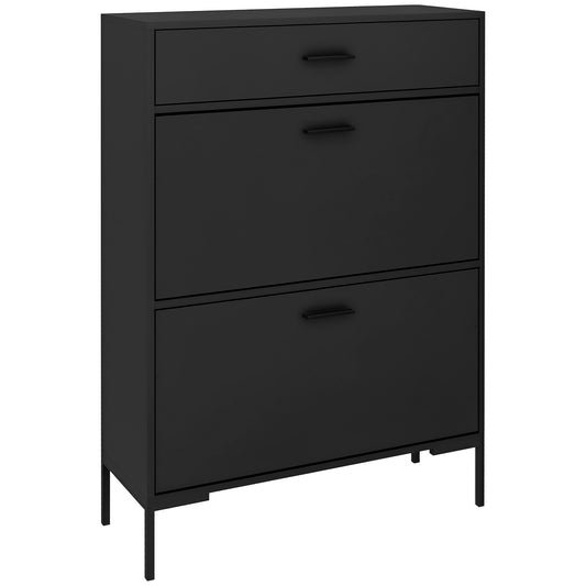 Modern Shoe Cabinet Storage 12 Pair Shoe Organizer with 2 Flip Doors Drawer and Adjustable Shelf Black