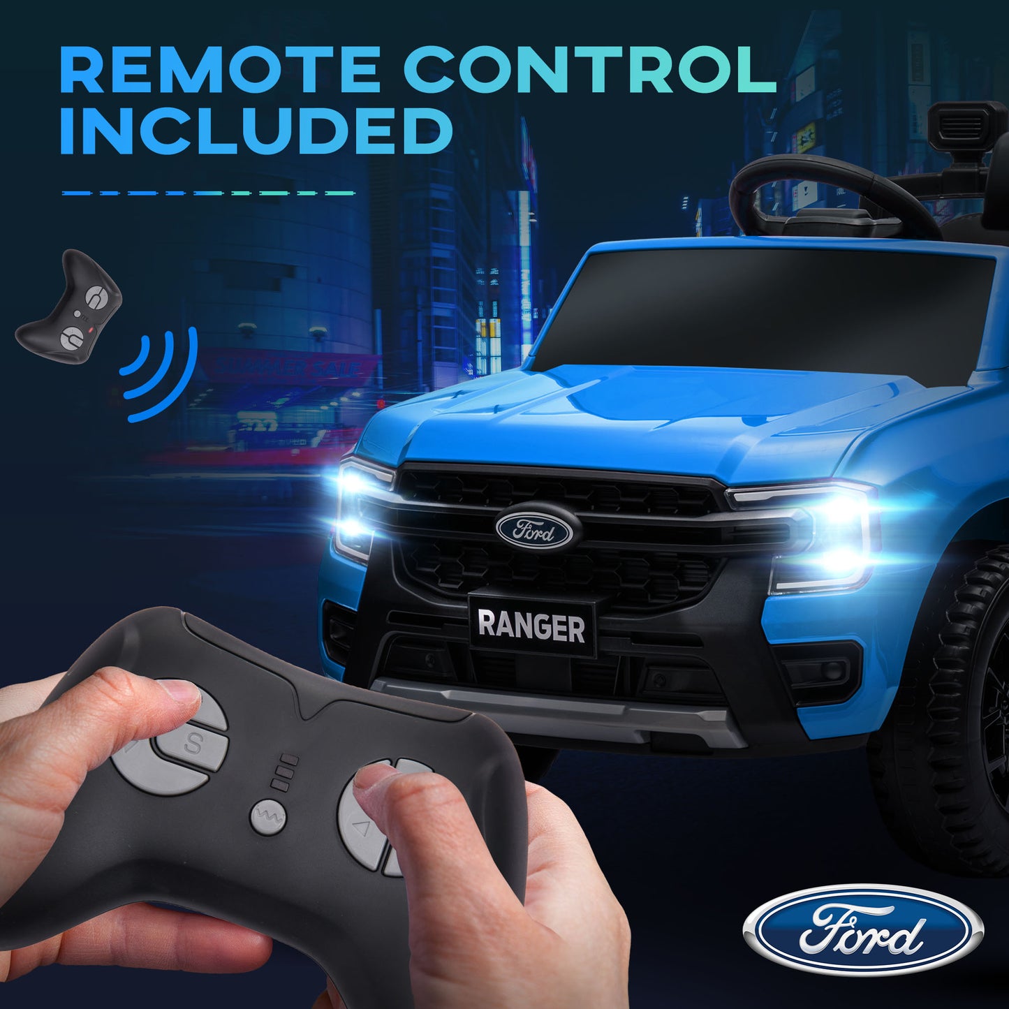 Qaba Ford Ranger Licensed 12V Ride on Car Battery Powered Kids Truck w/ Rear Storage Remote, Spring Suspension, Blue
