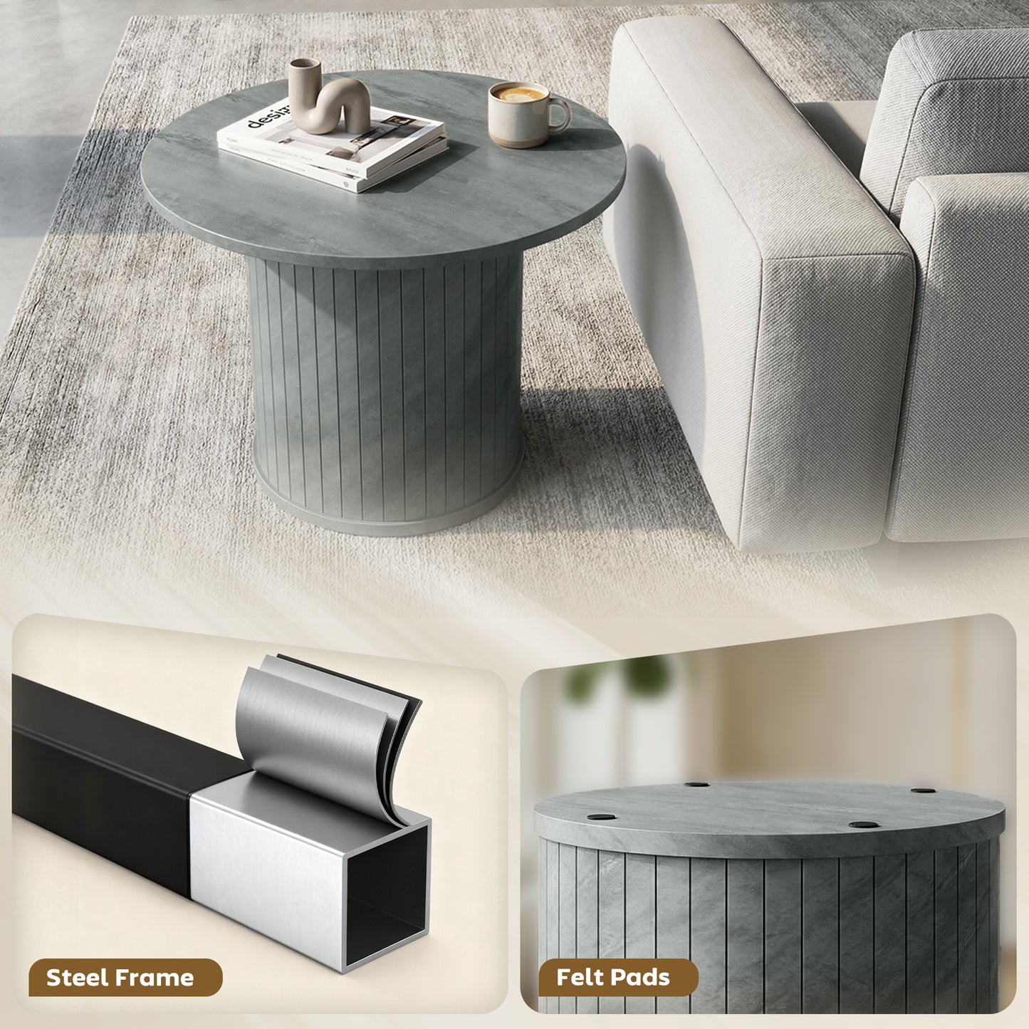 Round Coffee Table, 24" Center Table, Cement Grey