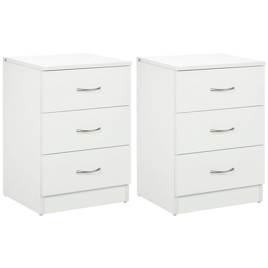 Bedside Table with 3 Drawers, Modern Wood Nightstand, Side Table with Anti-tipping Design for Bedroom, Set of 2, White