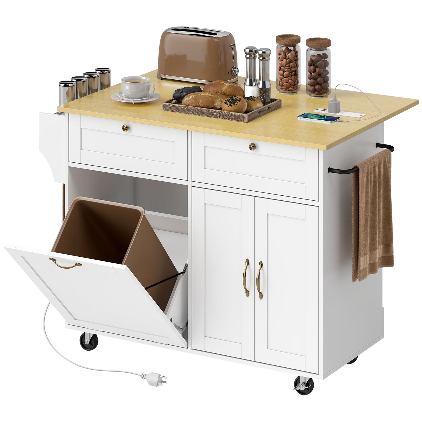 Kitchen Island Cart with Charging Station and Drop Leaf, Kitchen Island Table on Wheels with Trash Can Cabinet, White
