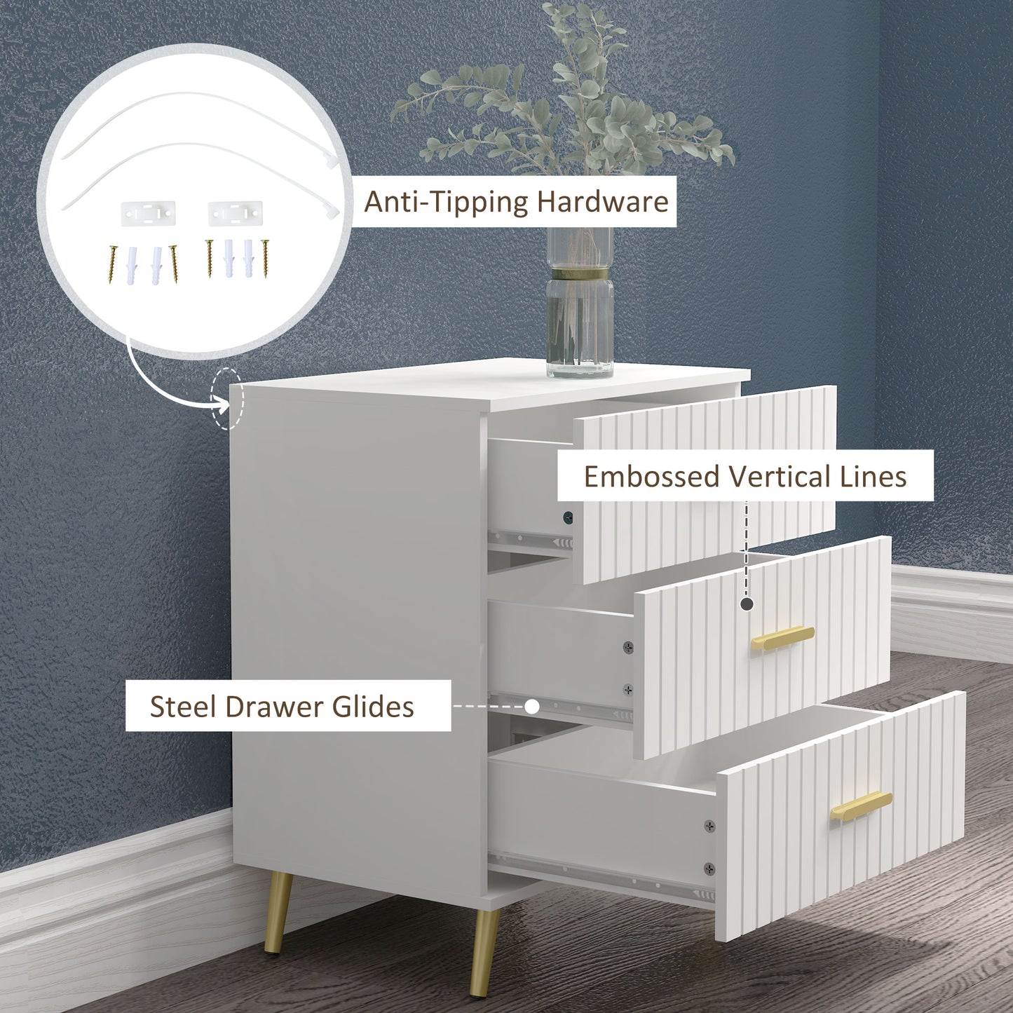3 Drawer Cabinet, Drawer Chest for Bedroom, Chest of Drawers with Aluminium Legs and Gold Handles, White