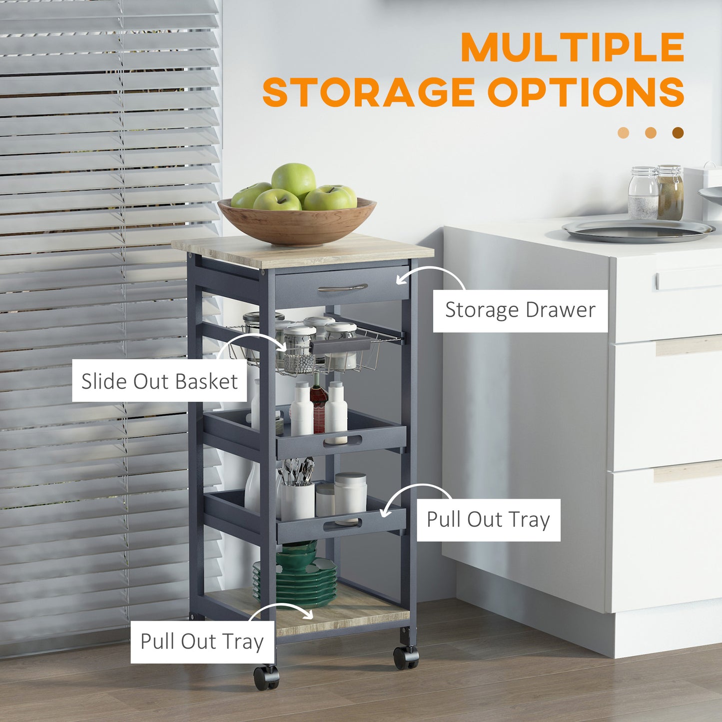 Rolling Kitchen Island Cart, Mobile Utility Storage Cart with Drawer, Wire Storage Basket, Removable Tray, Grey