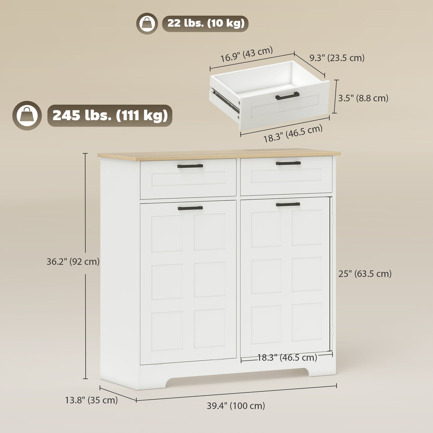 13 Gallon Tilt Out Garbage Cabinet, Kitchen Island with Trash Cabinet, 2 Drawers, Door Racks, Adjustable Shelves, White