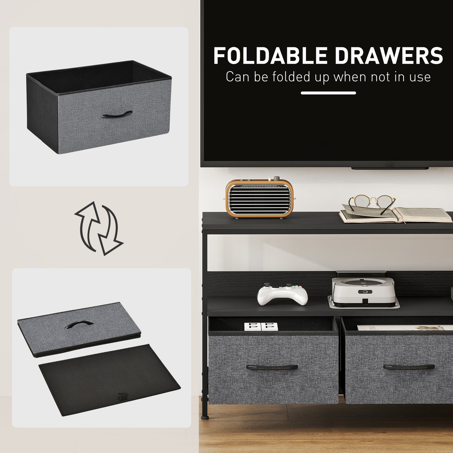 TV Stand with Charging Station, TV Table with 3 Foldable Linen Drawers and Open Shelf for 55 Inch Television, Black