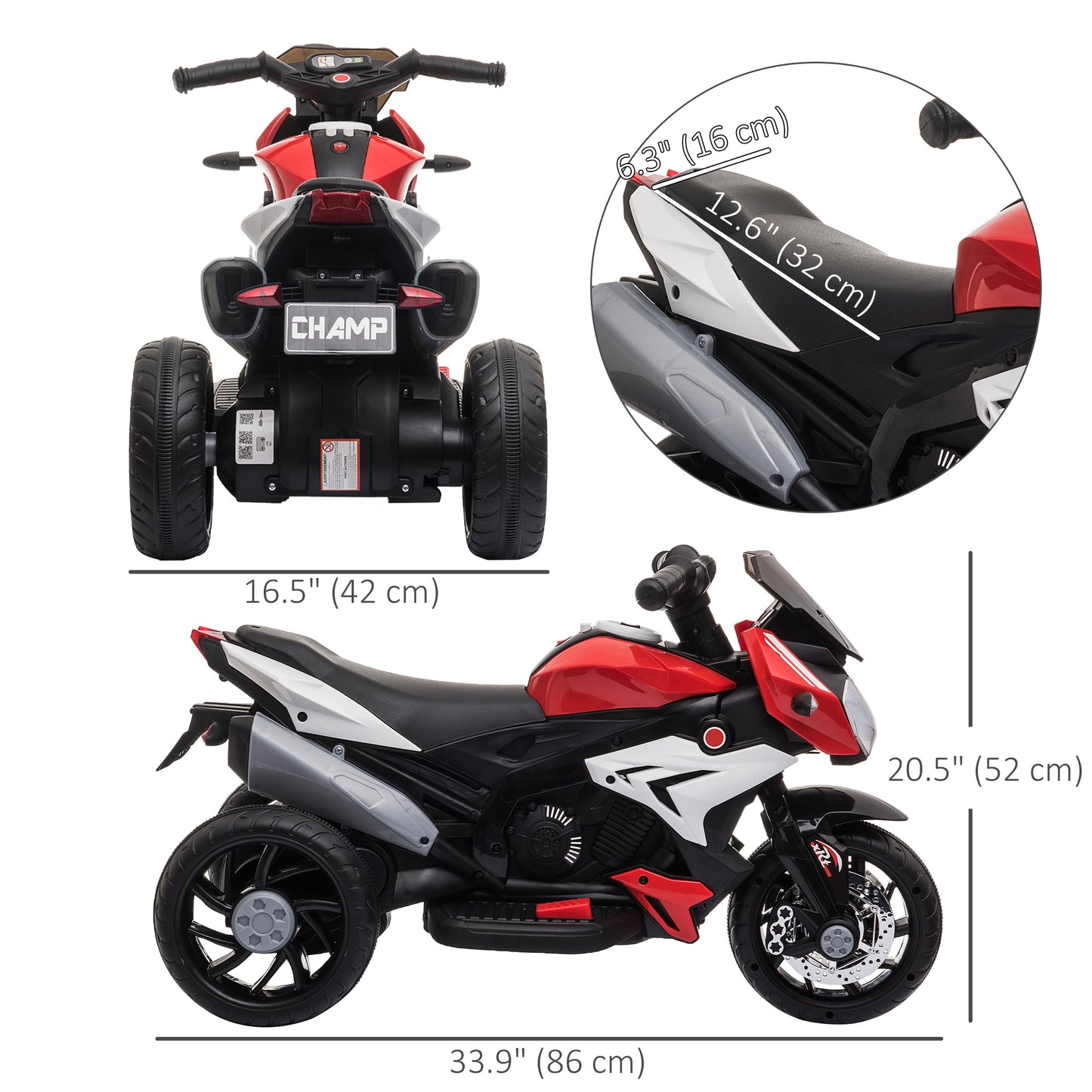 Qaba Kids Electric Motorcycle Ride-On Toy, with 3 Wheels, Music, Horn, Lights, Red