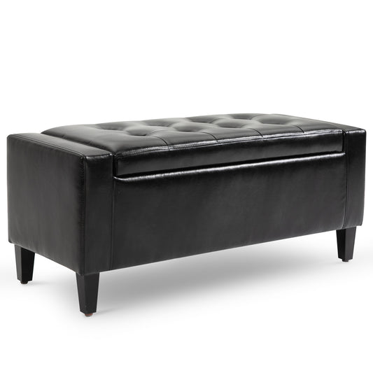 Storage Ottoman Bench, PU Leather Upholstered Bench with Tufted Design, Black