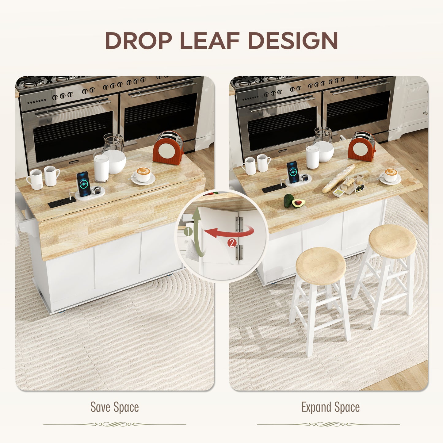 Kitchen Island on Wheels with Wood Drop Leaf, Charging Station, Rolling Kitchen Cart with Adjustable Shelf, White