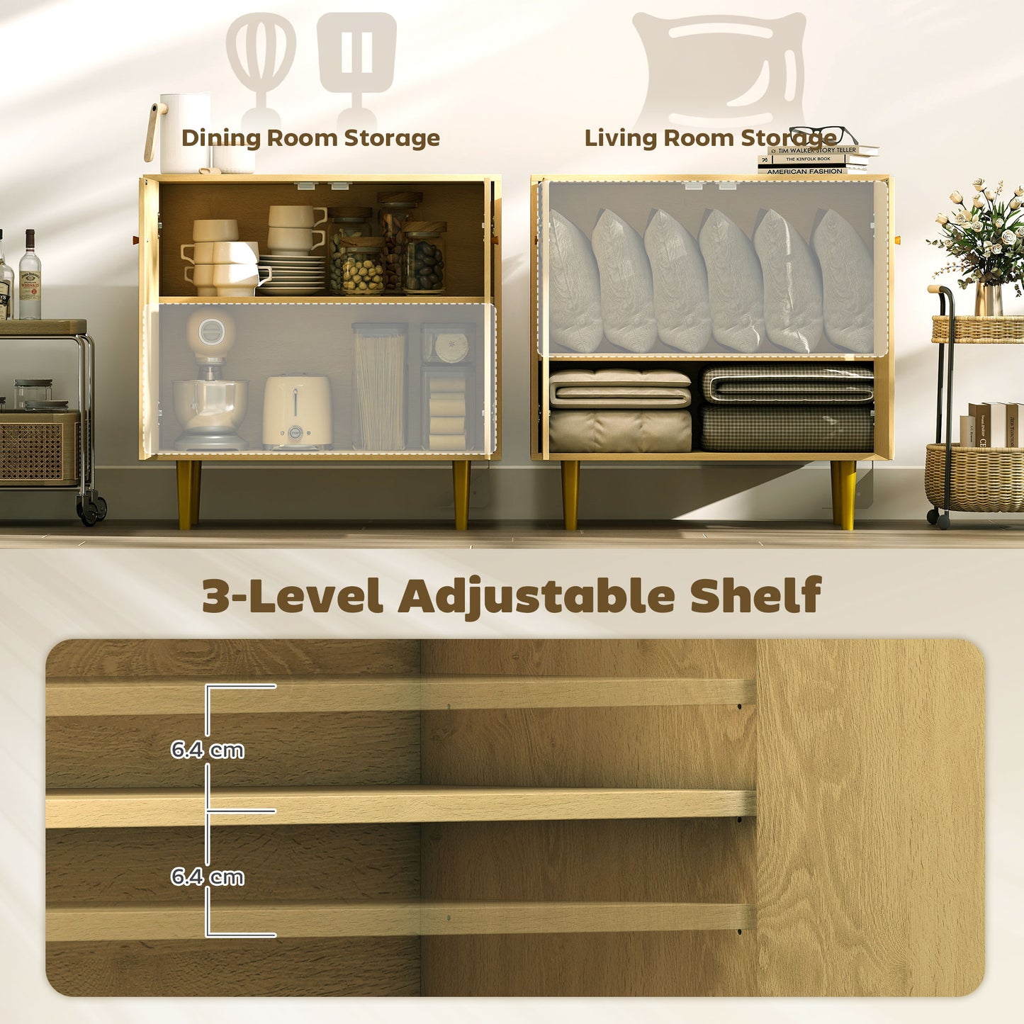 Sideboard with Adjustable Shelf, Buffet Cabinet with 2 Doors and Gold Steel Legs for Dining Room, Oak