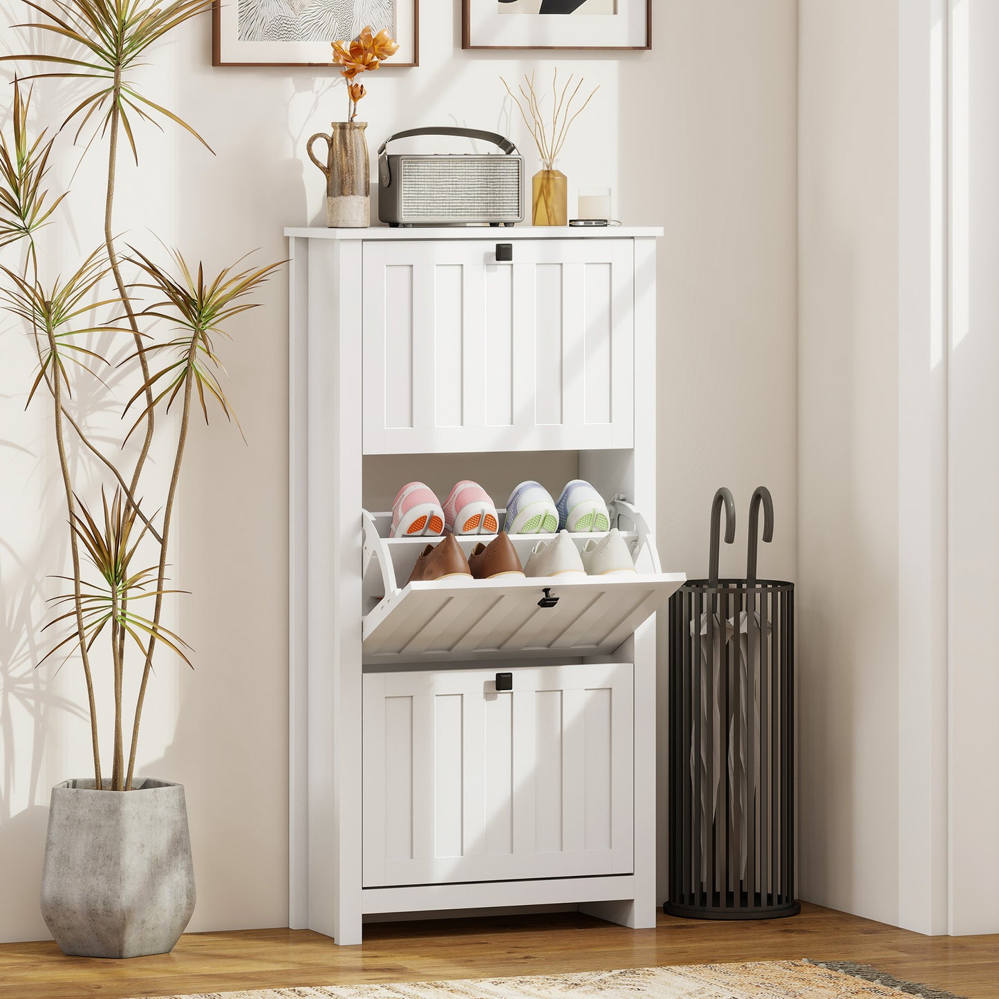 Slim Shoe Cabinet with 3 Flip Drawers, Shoe Storage Cabinet with Adjustable Shelves for Entryway, Holds 12 Pairs, White