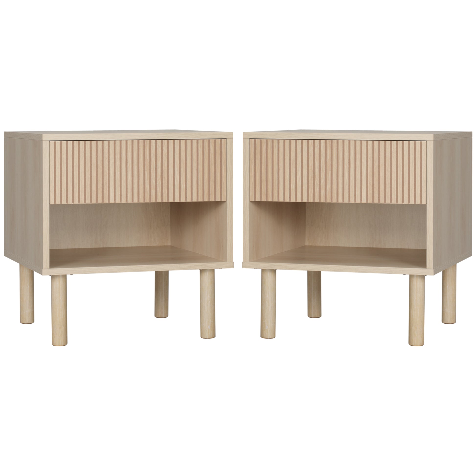 Set of 2 Bedroom Nightstands, Side Table with Storage Shelf and Drawer for Living Room, Bedroom, Natural Wood