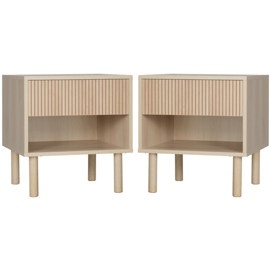 Set of 2 Bedroom Nightstands, Side Table with Storage Shelf and Drawer for Living Room, Bedroom, Natural Wood