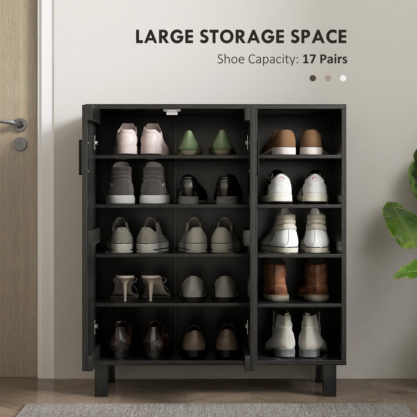 Shoe Storage with Double Doors and Open Shelves 17 Pair Shoe Storage Organizer for Entryway Hallway Black
