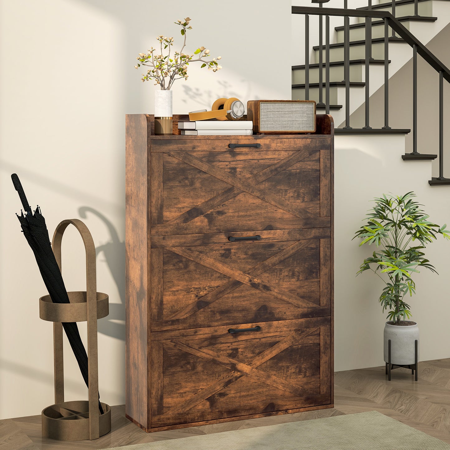 Narrow Shoe Storage Cabinet Farmhouse Shoe Cabinet with 3 Flip Drawers Adjustable Shelves for Entryway Rustic Brown
