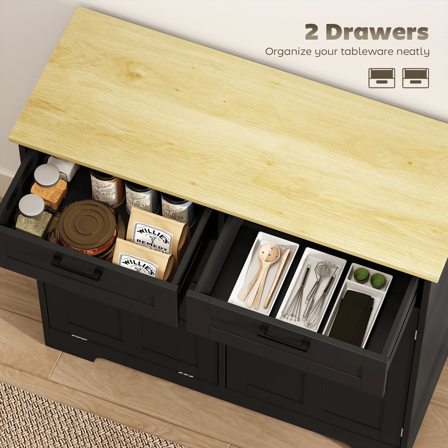 13 Gallon Tilt Out Garbage Cabinet, Kitchen Island with Trash Cabinet, 2 Drawers, Door Racks, Adjustable Shelves, Black