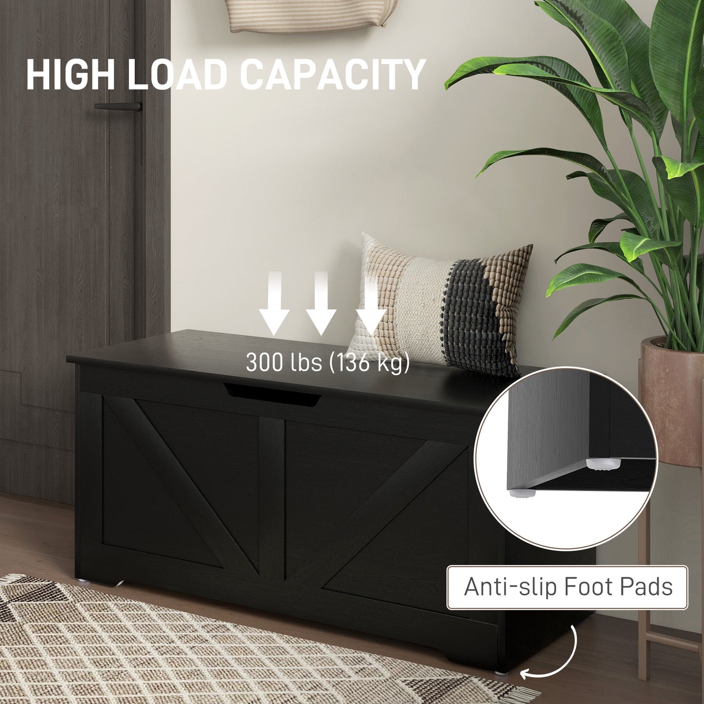 39.4 Inches Storage Chest, Storage Trunk with 2 Safety Hinges for Living Room, Black Wood Grain