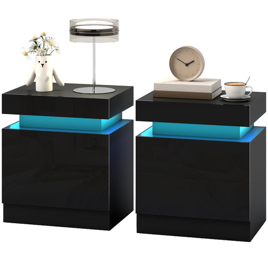 Nightstand Set of 2, End Side Tables with LED Lights, Bedside Tables with 2 Drawers, for Bedroom, Black