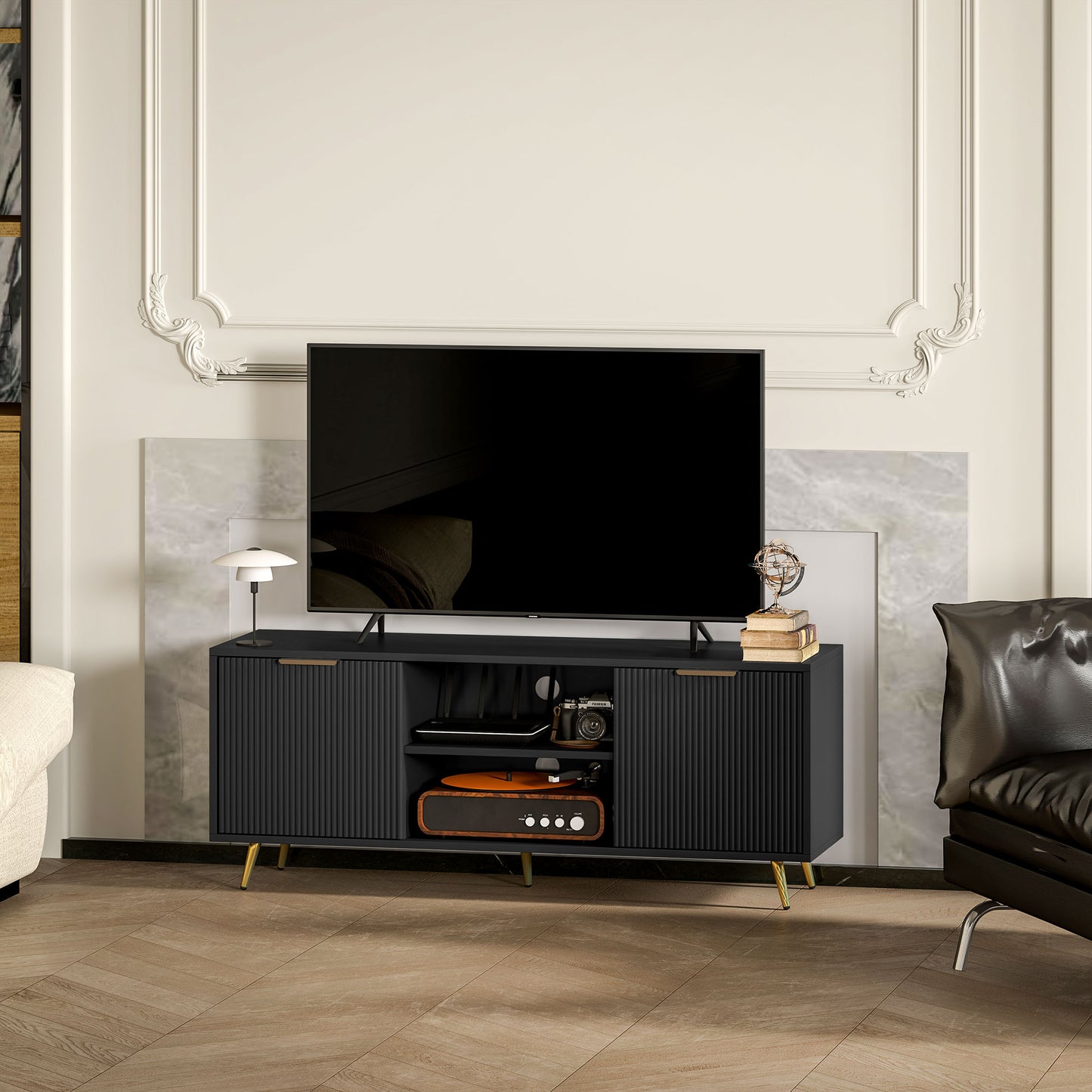 TV Stand with Storage for 55 Inch TV, Modern TV Cabinet with 2 Open Shelves and 2 Cabinets for Living Room, Black