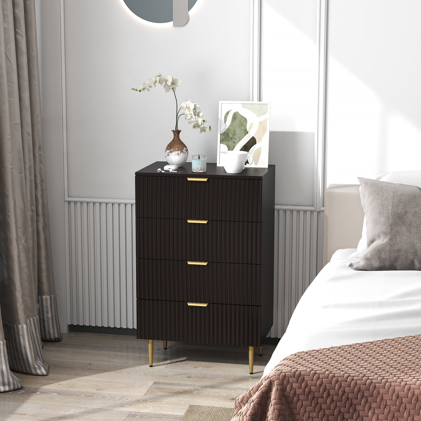 Modern Chest of Drawers 4 Drawer Dresser for Bedroom with Gold Legs and Handles, Black