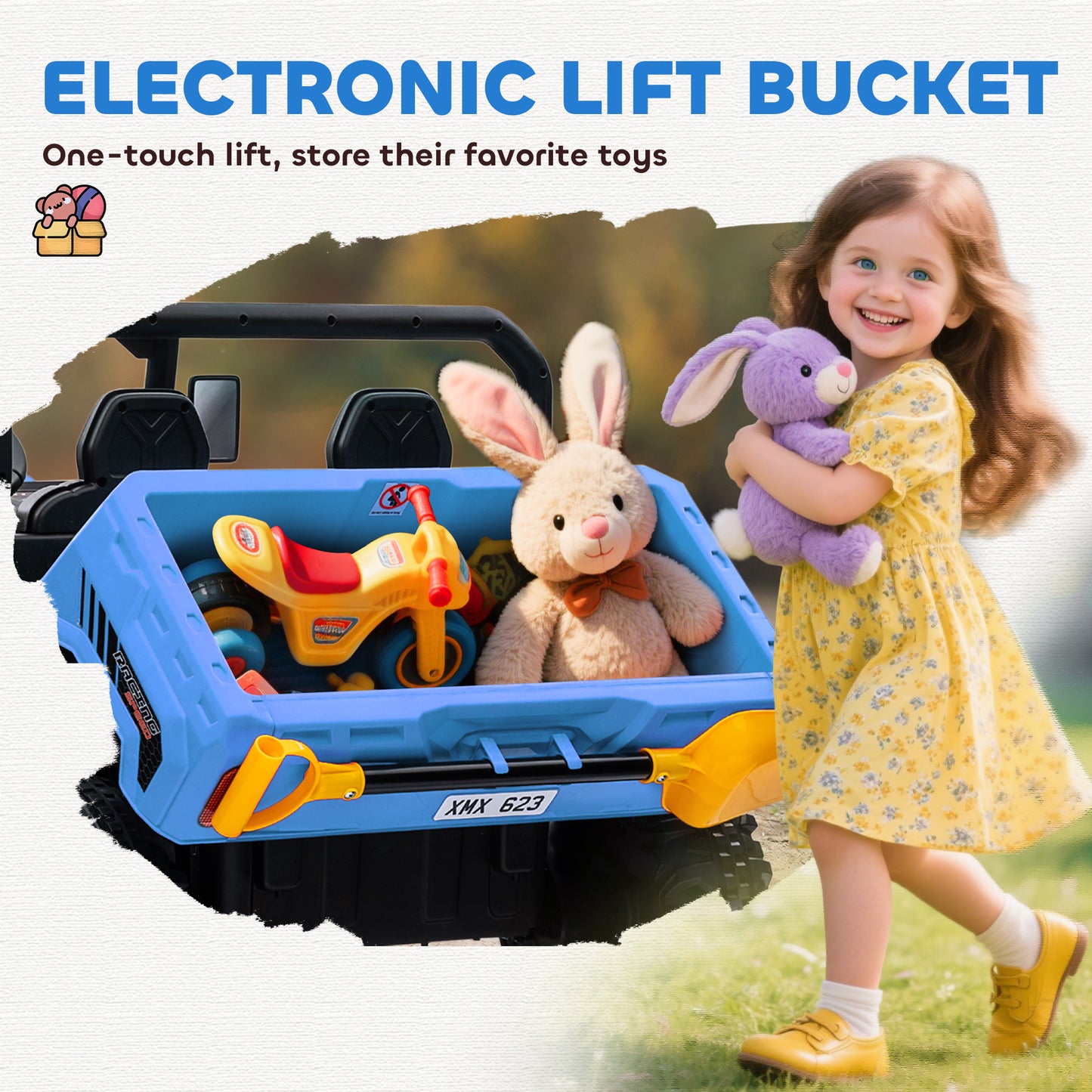 Aosom 12V Ride on Car with Electric Bucket, Two-Seater, Shovel, Remote Control, Spring Suspension, Horn, Music, Blue