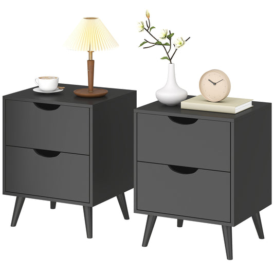 Modern Bedside Table Set of 2, Nightstand with 2 Drawers and Pine Wood Legs for Bedroom, Living Room, Black