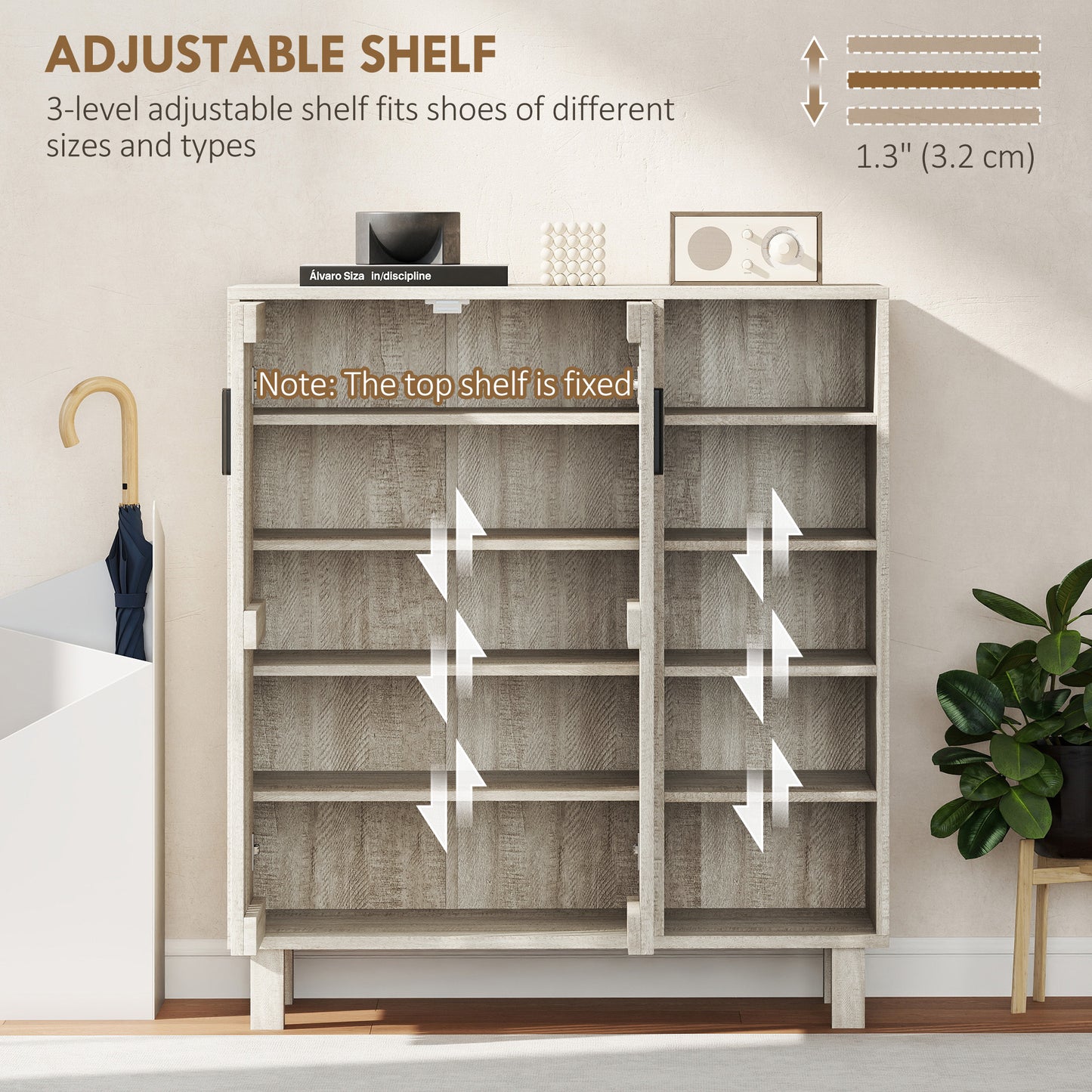 Shoe Storage with Double Doors and Open Shelves 17 Pair Shoe Storage Organizer for Entryway Hallway Light Grey