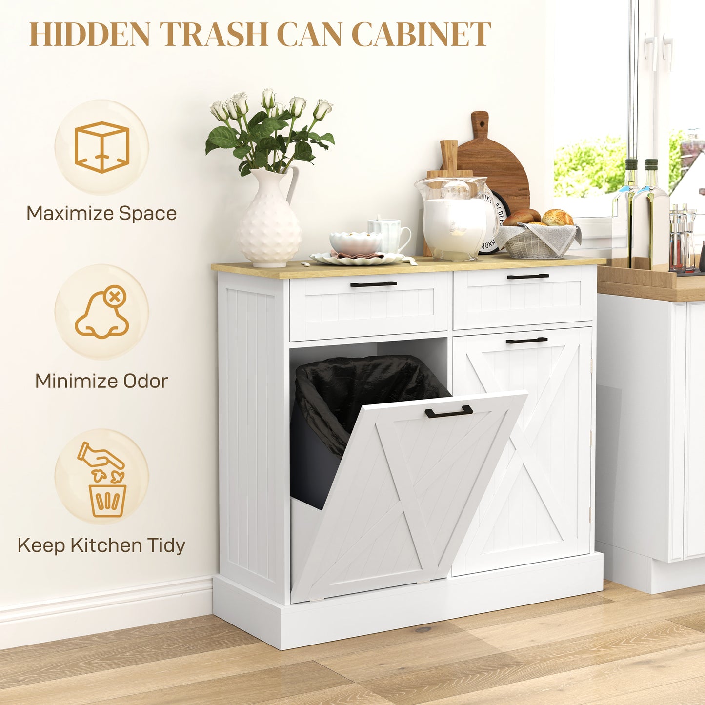 10 Gallon Hidden Garbage Bin Cabinet, Tilt Out Trash Cabinet w/ 2 Drawers, Freestanding Kitchen Island, White