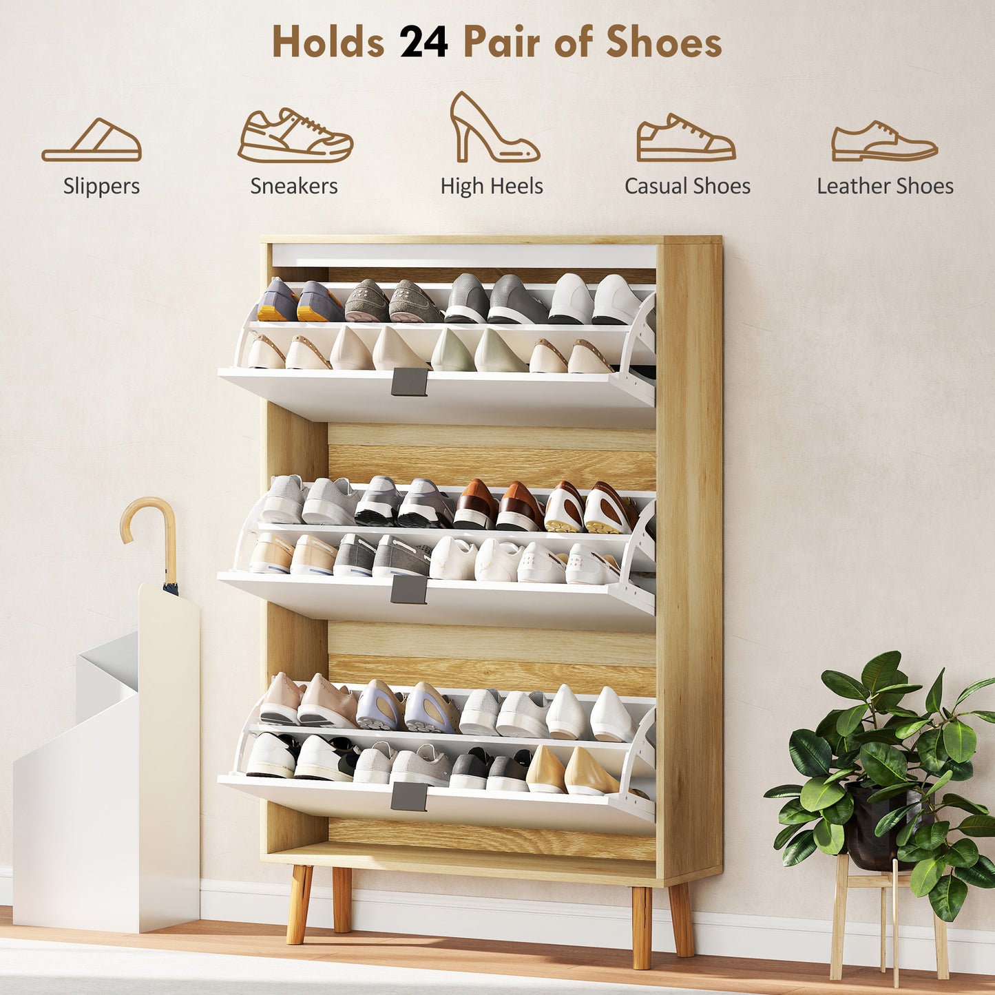 Narrow Shoe Cabinet, High Gloss Shoe Storage Cabinet with 3 Flip Drawers and Adjustable Shelves, Holds 24 Pairs, White
