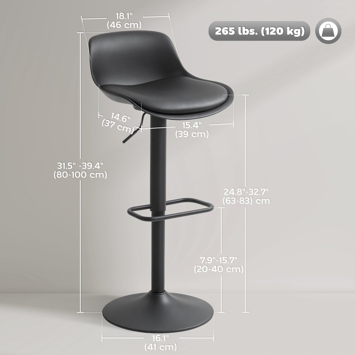 Counter Height Bar Stools Set of 2, Streamlined Bar Chairs with Adjustable Height and Swivel PU Leather Seat, Black