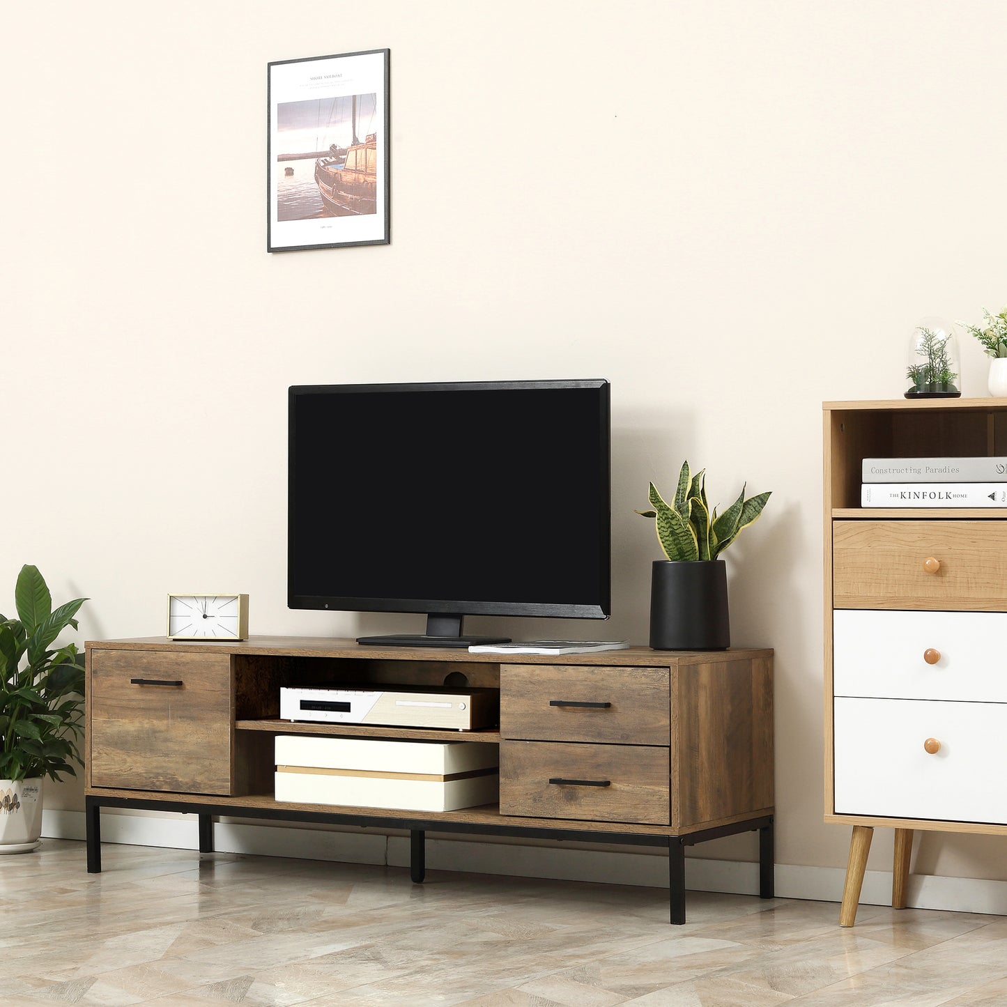 TV Stand for TV up to 50 Inches, TV Cabinet with Door, Open Storage and Drawers, TV Table with Steel Legs, Coffee