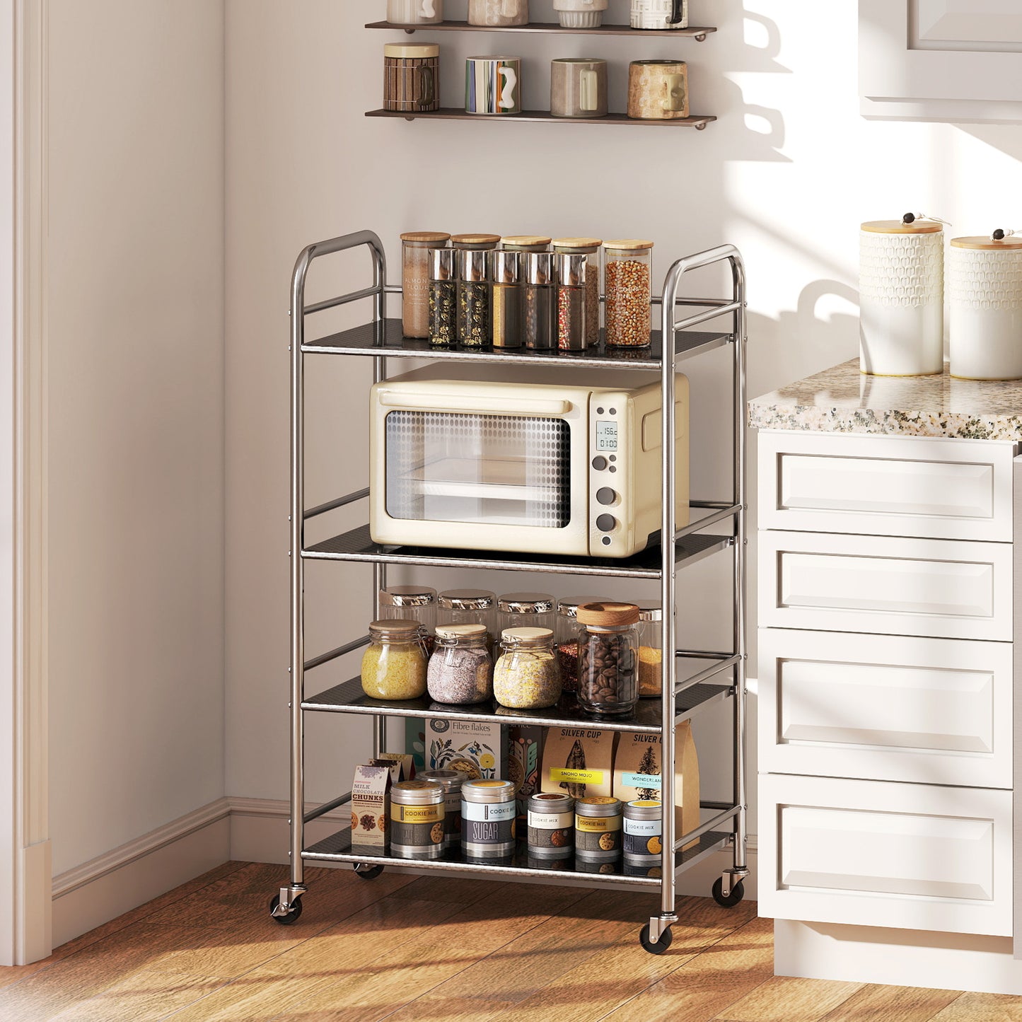 4 Tier Stainless Steel Rolling Cart with Adjustable Shelves, Utility Cart on Wheels with Handles for Kitchen, Silver