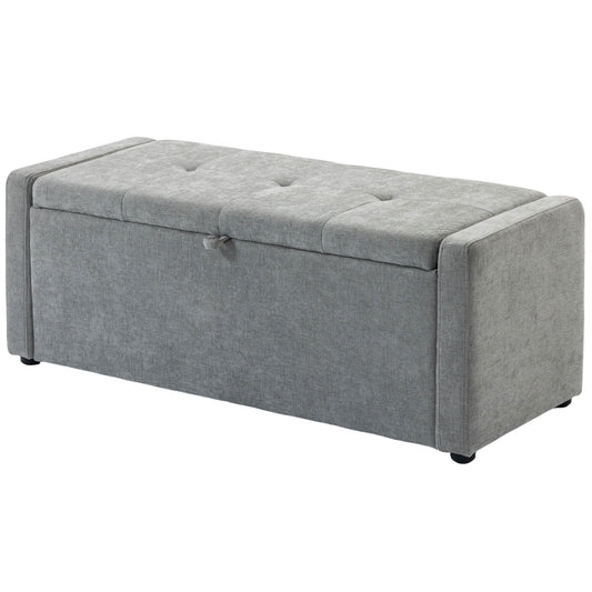 Storage Ottoman Bench, Linen-Look Fabric Upholstered Ottoman with Storage, Wide Padded Seat, Light Grey